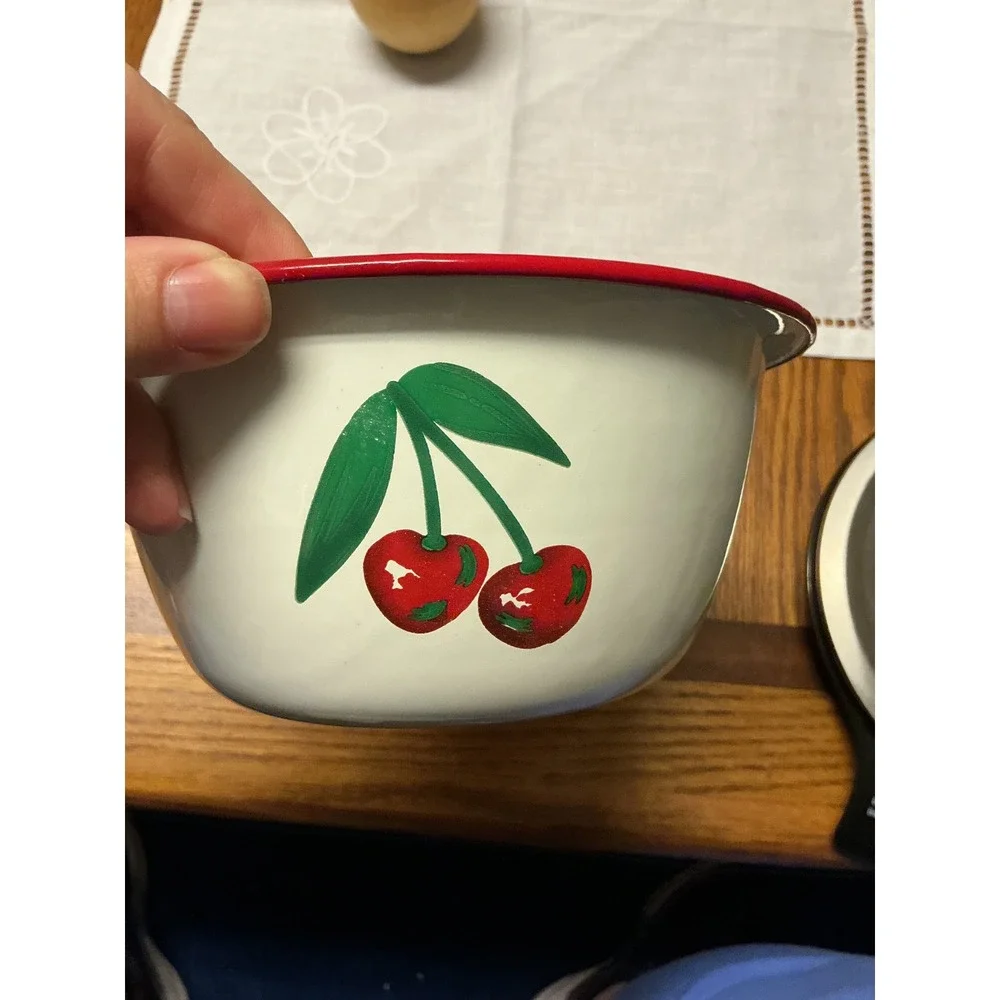 Vintage Enamelware Cherry‎ Plate and Bowl Set White Red Farmhouse Kitchen Decor
